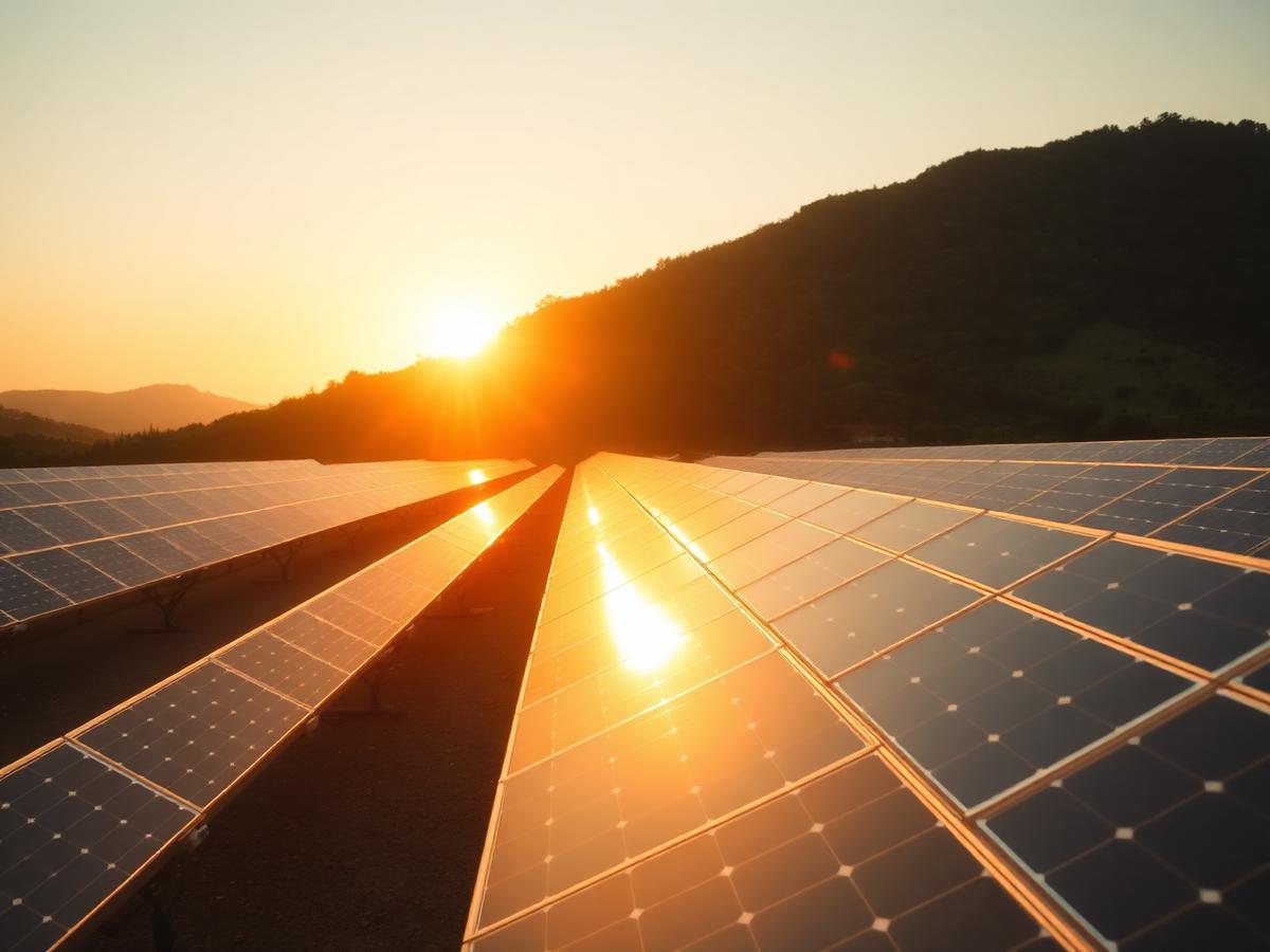 Usina solar parceira ao pôr do sol